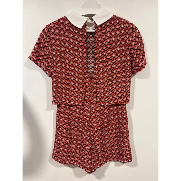 Women’s Rayon Geometric Preppy Romper  Orange Black White Small - Picture 4 of 7